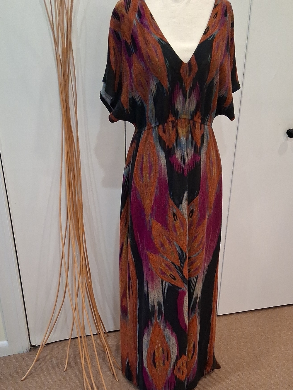 Emma & Michele Black Knit Maxi Dress with Rust & Magenta Ikat Print